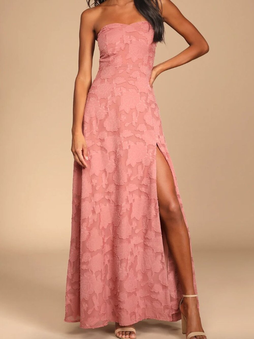 Lulus Rose Pink Blush Floral Textured Strapless Full Gown with Slit